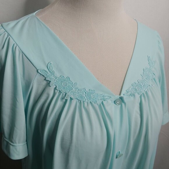 Colette by Miss Elaine Womens M Sleep Shirt Floral Button Up Nylon Light Blue - Picture 6 of 9